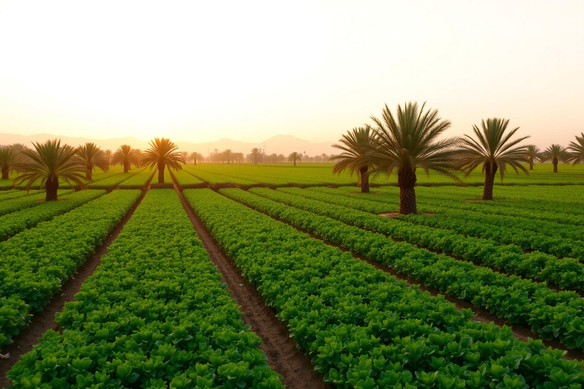 مزرعة خضراء عند الغروب